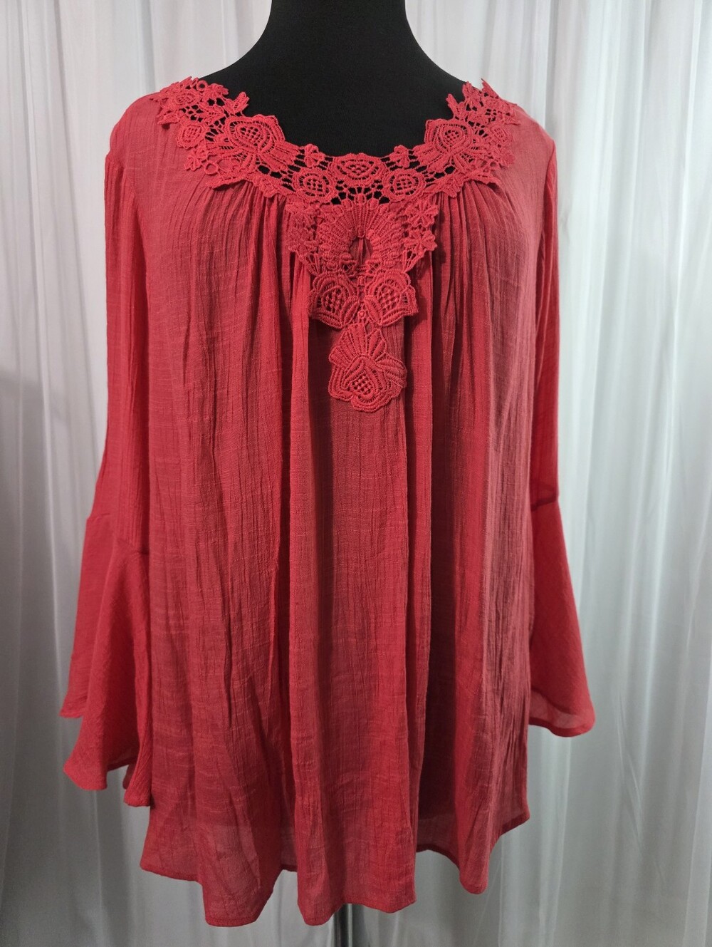 Valerie Stevens Coral-Red Crochet Yoke Boho Tunic Size: 3x
